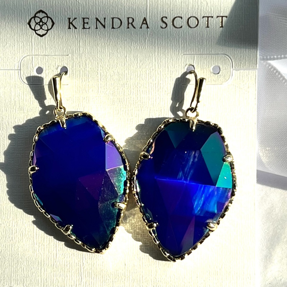 RARE & RETIRED Kendra Scott Corley Earrings Cobalt Iridescent Yellow Gold GORG! - Picture 10 of 13